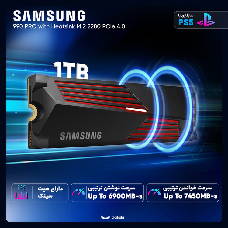 اس اس دی اینترنال PCIe Gen4 x4 سامسونگ مدل PRO 990 with Heatsink ظرفیت 1 ترابایت